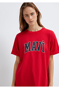 Mavi Logo Baskılı Kırmızı Tişört Oversize / Geniş Kesim 1600843-82054