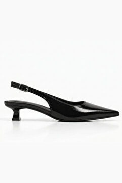 BonuStep Kitten Kadın Siyah Rugan Sivri Burun Stiletto Kısa Topuklu Ayakkabı 4 cm