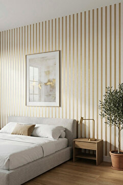 Bien Duvar Kağıtları Exclusıve 6350 Beyaz Gold Lambri Panel Ahşap Duvar Çıtası Desenli Duvar Kağıdı 5,30 M²