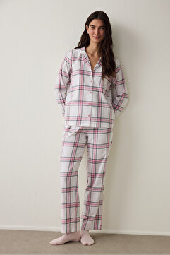 Penti Pembe Ekoseli Gömlek Yaka Pamuklu Uzun Kollu Pijama Takımı