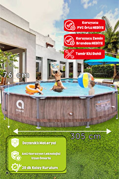 Kalitomi 305x76 cm Fiberglas İskelet Havuz Kahverengi Ahşap Desenli Bahçe Havuzu + Örtü ve Zemin Brandası Hediyeli Tamir Kiti Dahil