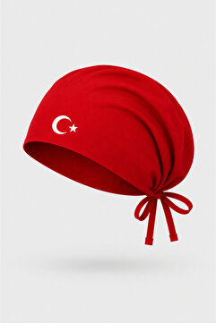 GTB BUTİK Kırmızı ay yıldız desenli aşçı bonesi