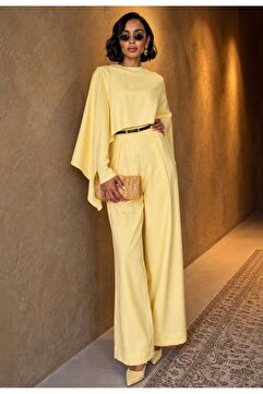 Moda Ulu Kadın Tesettür Alt Üst İkili Takım Pelerin Detaylı Tunik Pantolon Şık Davet Seti