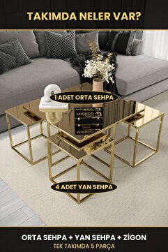 home plus mobilya Berlin 5'li Gold Kaplama Bronz Aynalı Orta Sehpa & Zigon Sehpa & Yan Sehpa & Bohem Sehpa & pizza sehpa takımı