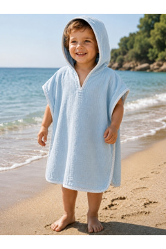 Ella Bonna %100 Pamuk Bebek Çocuk Müslin Panço Kapüşonlu Plaj Deniz Havuz Havlusu Renk Seçenekli