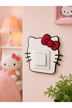 Lilibin Hello Kitty Anahtar & Priz Çerçevesi – El Yapımı Seramik Işık Anahtarı Süsü – Çocuk Odası Duvar Dekoru – Reçine Kaplama 9x9 cm