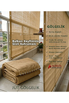 AÇIKGÜL TEKSTİL BRANDA Özel Ölçü Gölgelik - Rüzgara Dayanıklı Kornişli Kolonlu ve Kuşgözlü Jüt Balkon Perdesi KREM RENGİ