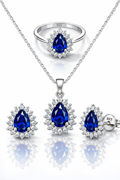 TASLİDUSLERJEWELRY 925 Ayar Gümüş Mavi Safir Taşlı 3’lü Takı Seti – Kolye, Yüzük ve Küpe