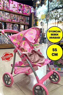 TOYFEST 4 Tekerlekli Metal İskeletli Katlanabilir Çilek Desenli Çocuk Oyuncak Bebek Arabası Puset - 55 CM