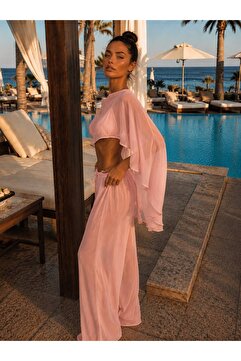 Hazzai TAKIM001 Pembe Şifon Kumaş Bluz Pantolon İkili Takım