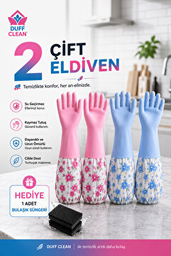 DUFF CLEAN L BEDEN 2 Çift Uzun Kollu Bulaşık Eldiveni + Sünger Hediyeli