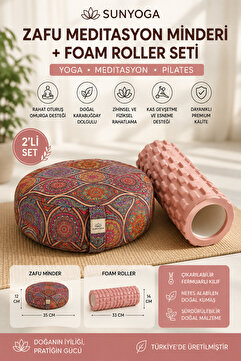 SUNYOGA Zafu Meditasyon Minderi Karabuğday Dolgulu + Foam Roller Masaj Silindiri Yoga Pilates Seti
