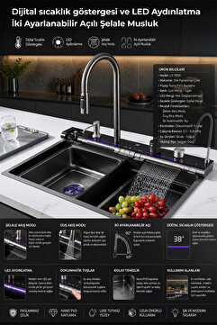 ROBO Dijital Akıllı Eviye 2026 Yeni Model Ambiyans Işıklı 75x46 cm