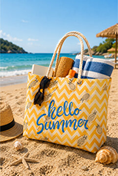 BEST CONCEPT Hello Summer Plaj ve Piknik Çantası Çok Amaçlı Çanta Halat Kulplu