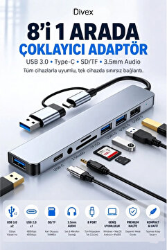 Divex 8'i 1 Arada USB-C Hub Çoklayıcı Adaptör - 3x USB 3.0, Type-C, SD/TF Kart Okuyucu, 3.5mm Ses Girişi,