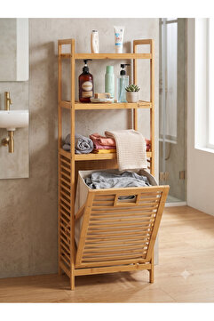Digithome Bambu Kirli Sepetli 3 Raflı Çok Amaçlı Banyo Düzenleyici Çamaşır Sepeti Organizer DB-0002
