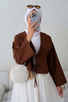 Giyim Gezegeni Önü Bağlamalı 2 Bağcıklı Kahverengi Kimono Gömlek Modern Tesettür Şık Yeni Sezon Kimono Gömlek