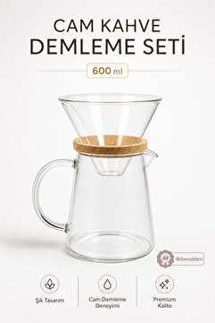 İlkbenaldim Cam Kahve Demleme Seti 600 ml Ahşap Detaylı Pour Over Filtre Kahve Demleyici Isıya Dayanıklı Cam Kahve Servis Sürahisi
