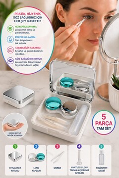 TOYFEST Aynalı Silver Kontakt Lens Kutusu Seti Cımbızlı Vantuz Aparatlı Solüsyon Şişeli Lens Kabı 5 li SET