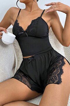 BELLA NOTTE Siyah Yırtmaçlı Şort Gecelik Takım