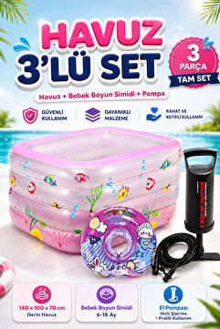 viyol marketim Bebek Şişme Havuz Seti 3’lü – 140x100x70 cm Derin Havuz + Boyun Simidi (6-18 Ay) + El Pompası