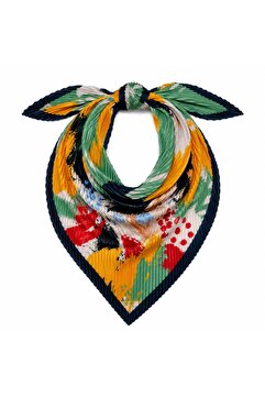 Axesoire 13750-1 Lacivert Kenarlı Renkli Piliseli Kadın Saten Fular 50x50 cm Bandana Boyun Fuları Saç Fuları Çanta Aksesuarı Şık Kare Eşarp