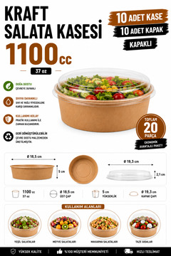OPTİMEX 1100 cc Kraft Bowl Salata Kasesi Kapaklı 10 Adet – 37 oz Büyük Boy Yuvarlak Karton Şeffaf Kapaklı