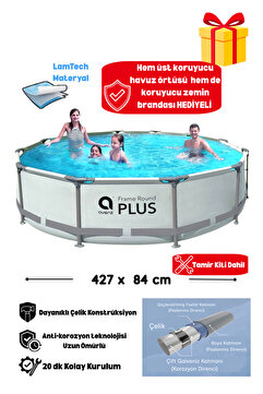Kalitomi 427x84 cm Metal Gövde Bahçe Havuzu – Paslanmaz Çelik Konstrüksiyon Kolay Kurulumlu Aile Havuzu Kouryucu Alt Üst Branda Hediyeli Tamir Kiti Dahil