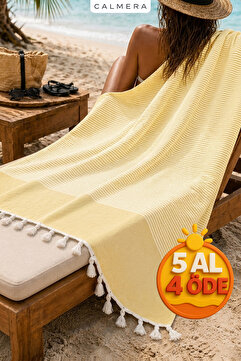 Calmera Çizgili Peştemal | Pamuk - Doğal Saçaklı | Plaj, Havuz, Spa, Sauna, Spor, Seyahat Havlusu - Sarı