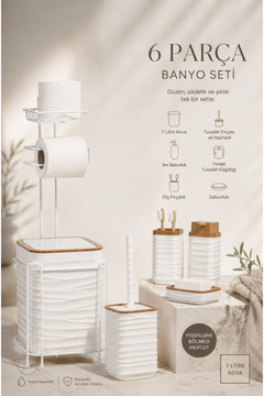 Okyanus Home Beyaz Ahşap Desenli Luna Kare Yedekli Wc Kağıtlık Ve 6 Parça Banyo Seti