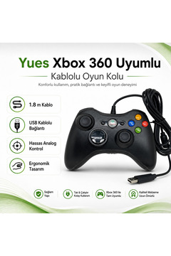 YUES Xbox 360 Kablolu Oyun Kolu – USB, Çift Titreşim, Ergonomik Gamepad