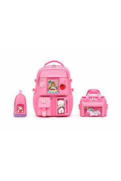 QUOVO Kawaii Kore Tarzı Full Aksesuarlı Yerli Günlük Okul Çantası Kız Erkek Beslenme Kalemlik Çanta Seti