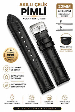 onlinekordon ⌚ 22mm Uyumlu Siyah Crocodil Desenli Deri Saat Kordonu – Akıllı Pim – 46mm Kasa Uyumlu
