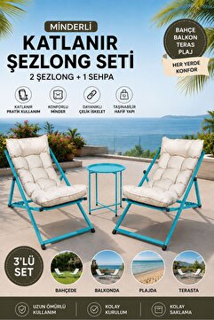 HASTUNÇ Premium Konfor Minderli Katlanır Şezlong Seti - İkili Bahçe Balkon Teras Plaj Şezlongu + Sehpa