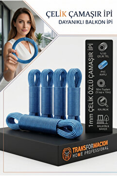 Transformacion 50 Metre Çelik Çamaşır İpi, PVC Kaplı Paslanmaz Balkon Teli, Esnemez Dayanıklı İp 718621
