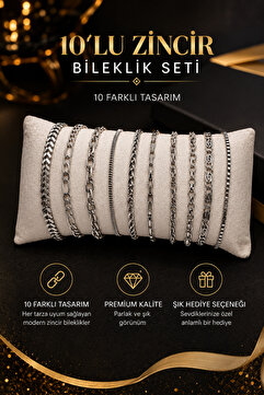 Kusakli 10'lu Gümüş Renk Zincir Bileklik Seti