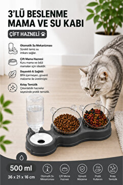 Glipet Çift Hazneli- 3' Lü Beslenme Mama Ve Su Kabı 500ml 36*21*16 Cm