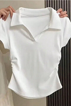 COOL TARZ Kadın Slim Polo Yaka Crop Esnek Kumaş Günlük Basic Tişört