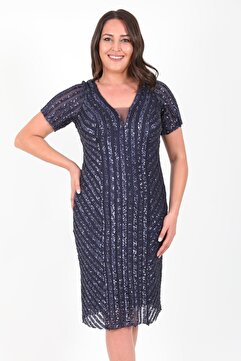 Ladies First Kadın Büyük Beden 3373 Lacivert Kısa Abiye Elbise