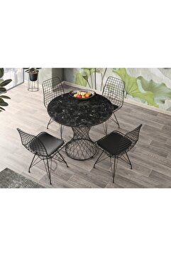 Avvio 90x90 Parla Yuvarlak Yemek Masa Takım Mutfak Masa Sandalye Takımı Siyah Mermer Desenli