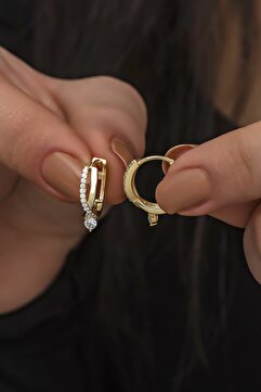NEREZE 925 Ayar Gümüş Gold Tektaş Örgü Model Küpe