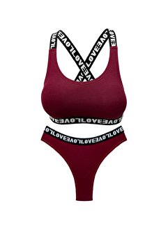HNX Bordo Love Lastikli Büstiyer Brazil Külot Kadın Spor Iç Çamaşırı Takım