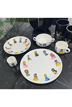 TEBAK COLLECTION Prenses Desen Porselen 5 Parça Çocuk Yemek Takımı Mama Seti