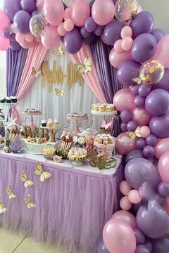 Atakent Süs 70 Adet Şeffaf Pullu Lila Pembe Makaron Soft Balon Zincir Seti Dogum Günü Balonu