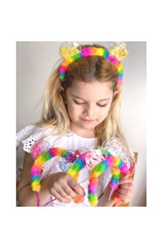 QUEEN AKSESUAR Minnie Mouse Fare Kulaklı Gökkuşağı Renkli Peluş Taç Pullu Çocuk Tacı