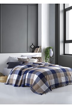 Lux Touch Scotch Mavi-bej Çift Kişilik Pike 200 X 220 Cm Koltuk Yatak Kanepe Örtüsü Pamuklu Dokuma