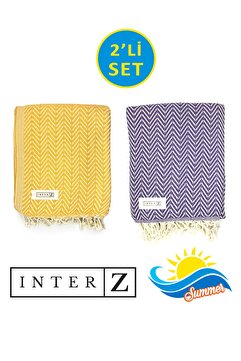 INTER Z 2'li Set Peştemal Plaj Havlusu , %100 Pamuk , Xxl 100x180cm, , Sarı Mor