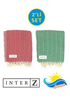 INTER Z 2'li Set Peştemal Plaj Havlusu , %100 Pamuk , Xxl 100x180cm, Marmaris, Kırmızı Yeşil