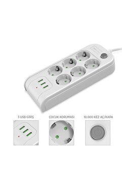 Polosmart Termal Akım Korumalı 6'lı Uzatma Kablosu 2m MP18