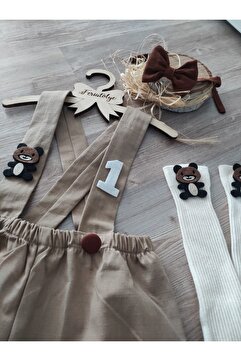 Feriatolye Camel Renk Salopet Ayıcık Konsepti Erkek Bebek Pasta Patlatma Kostümü Doğum Günü Kıyafeti